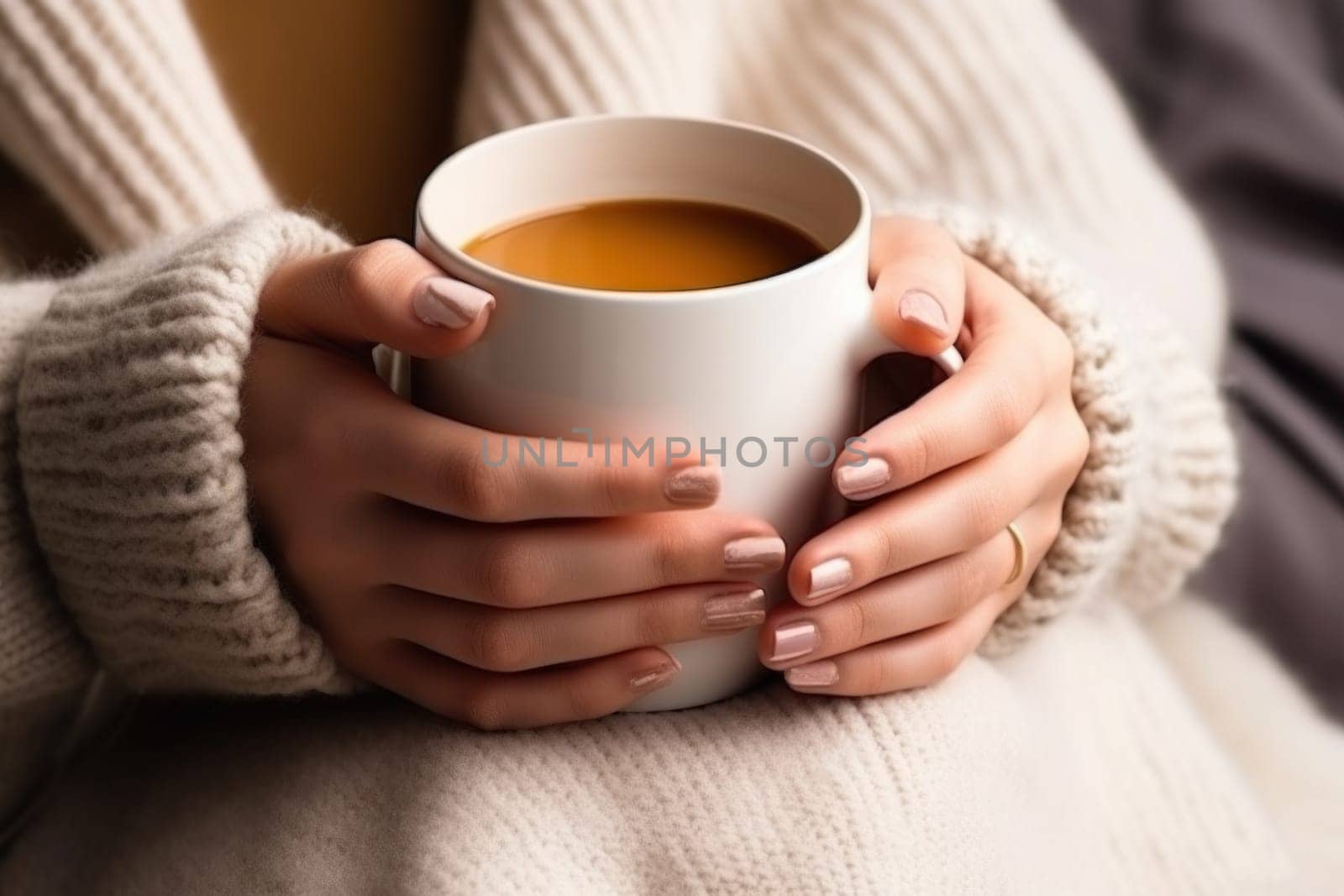 A close up shot of a girl's hands holding a mug.
