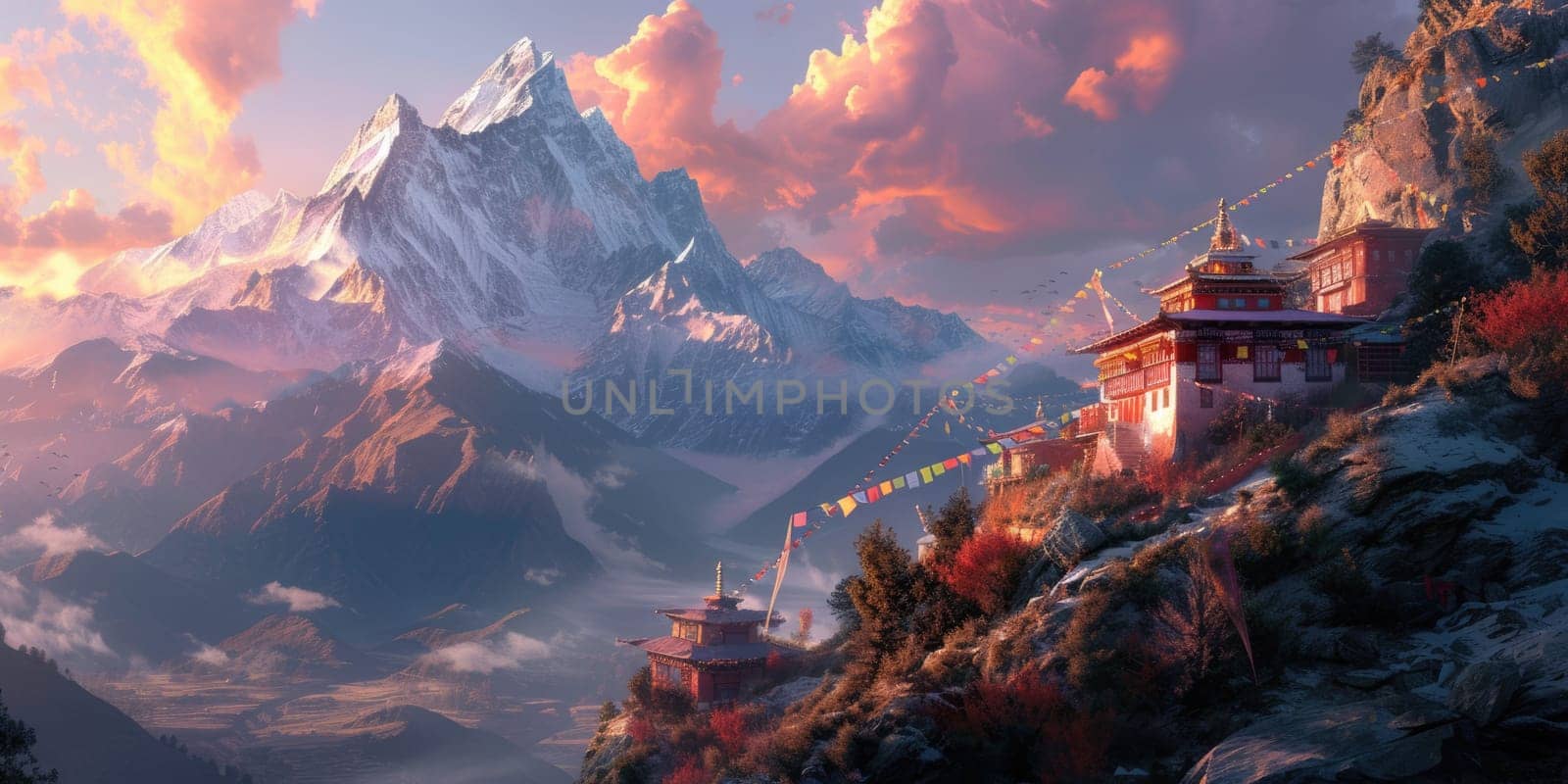 A serene temple adorned with colorful prayer flags stands against the backdrop of majestic snowy mountains illuminated by the sunrise. Resplendent.