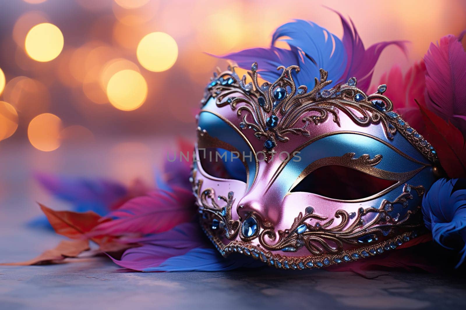 Carnival mask with bright feathers and abstract defocused bokeh lights. The concept of masquerade, carnival. Generated by artificial intelligence by Vovmar