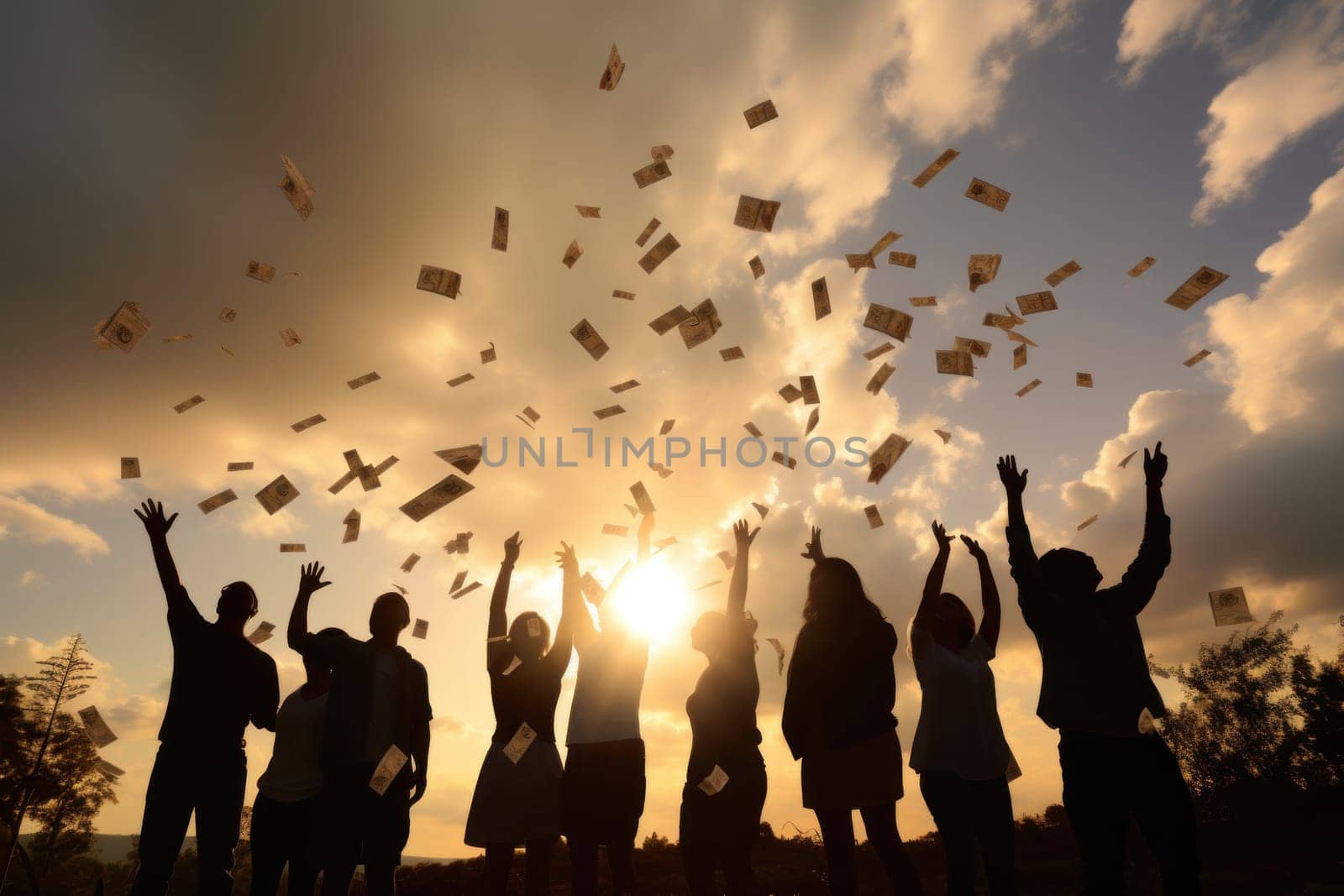Excited group of people grabbing dollars in the air.
