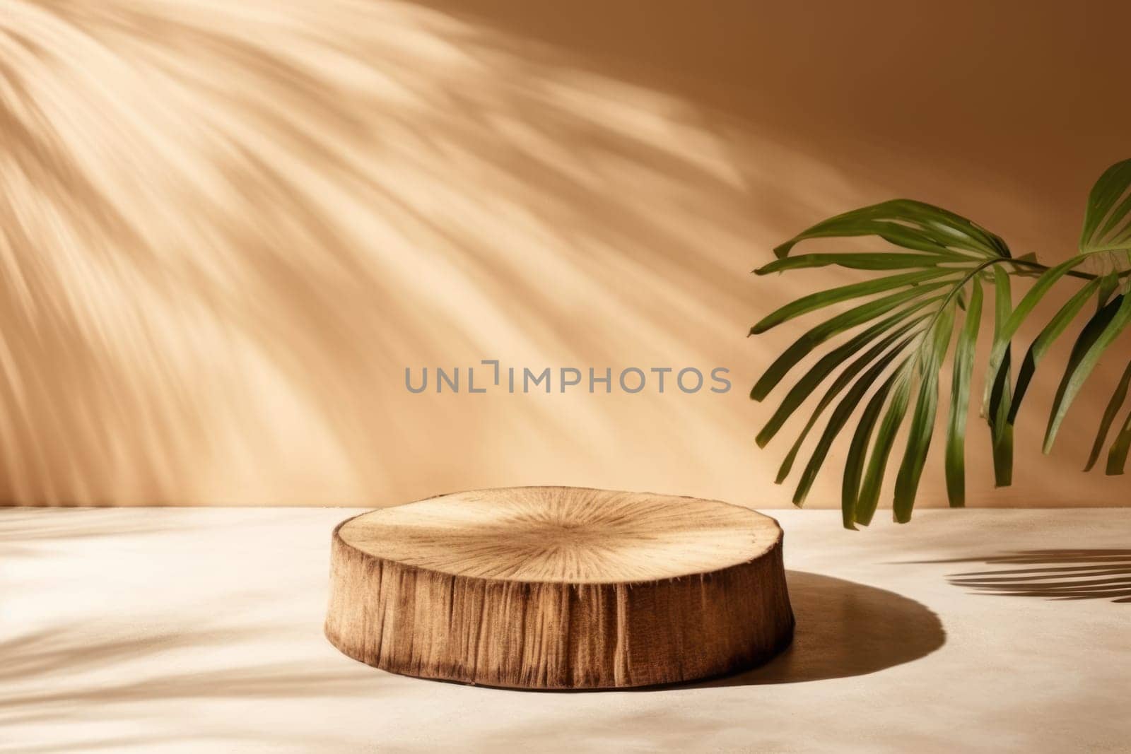 Empty minimal natural wooden podium background for product.