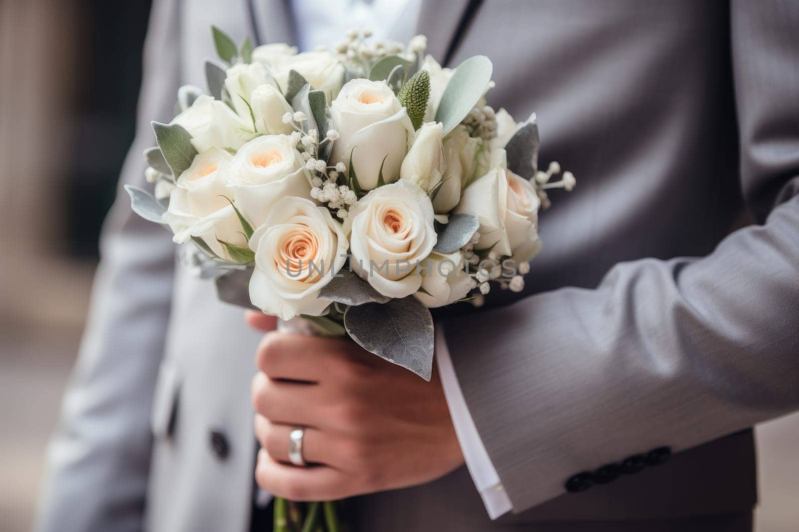 A close up of a bride's or groom's hands holding a bouquet.