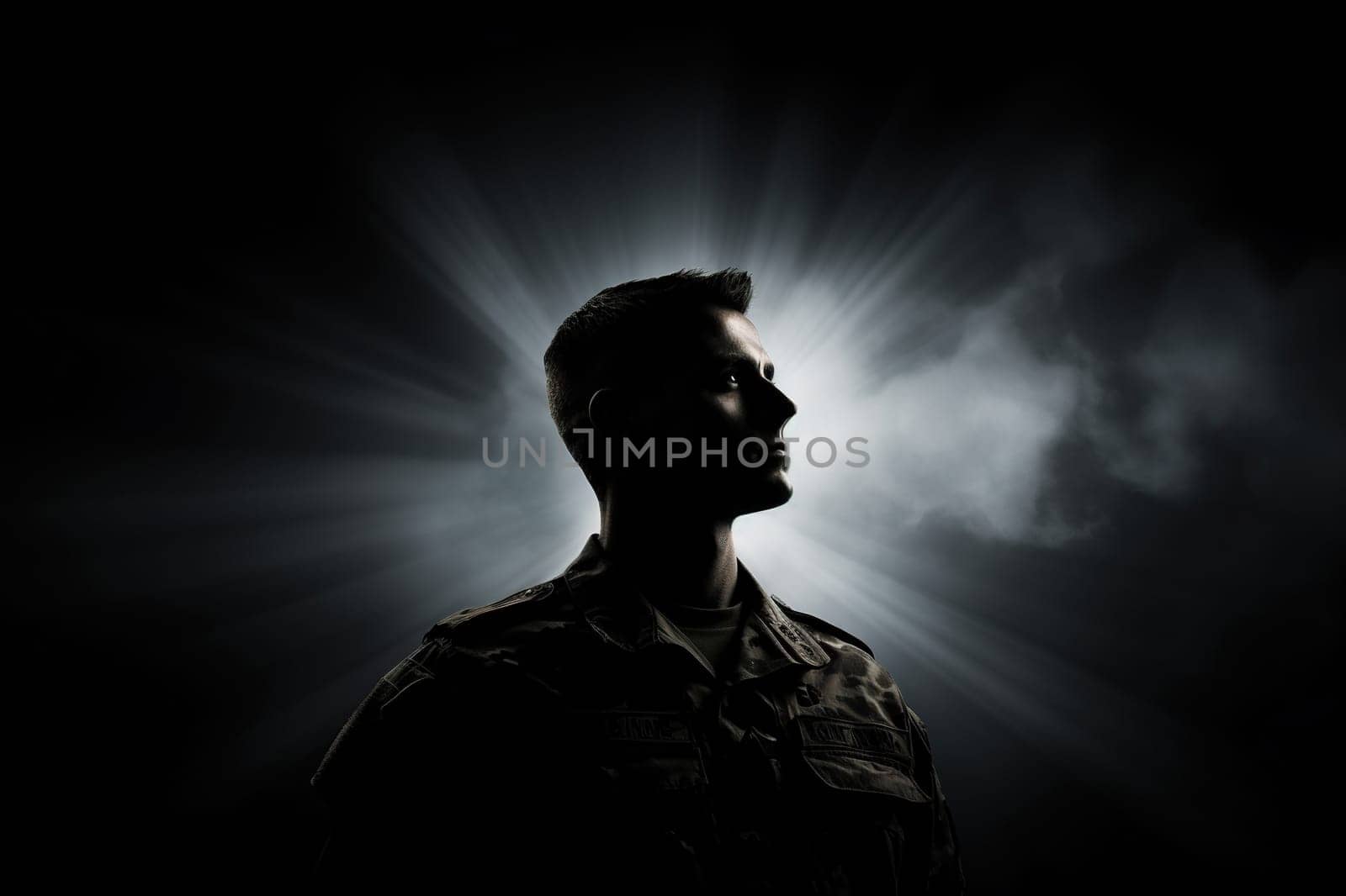 Silhouette of a male soldier on a dark background with bright rays.