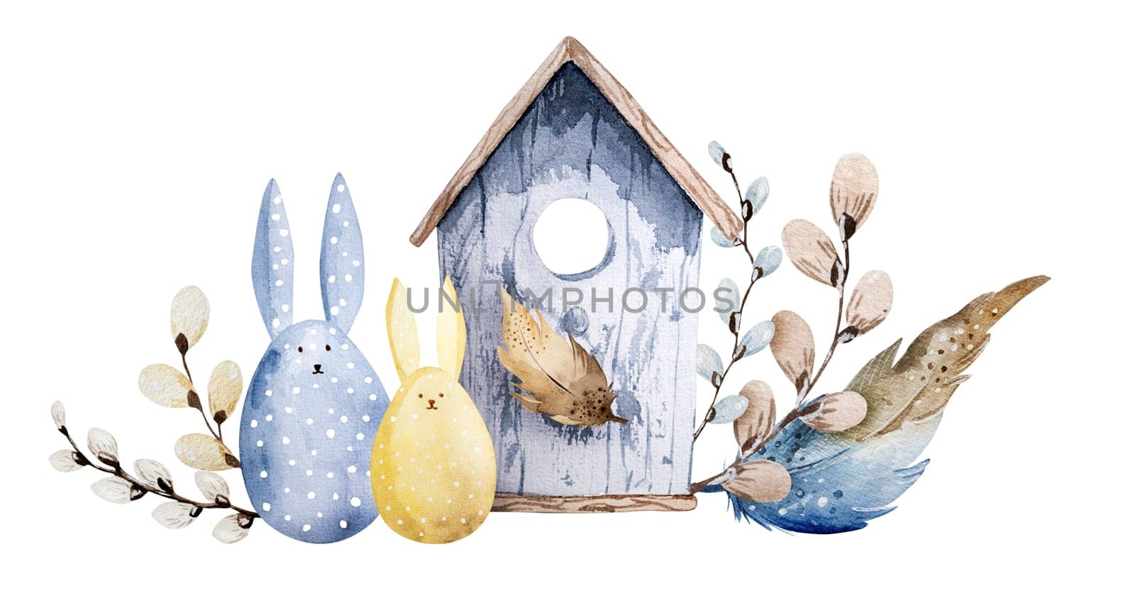 Birdhouse, Willow, And Decor - Easter Eggs With Rabbit Ears, Hand-Painted With Watercolor, Are An Illustration For Easter