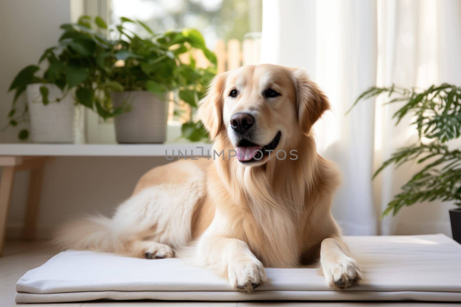 Modern living room interior Cute Golden Labrador Retriever near couch Generative AI.