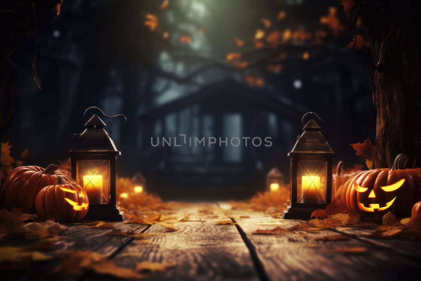 halloween background with Jack O'Lantern and pumpkins.