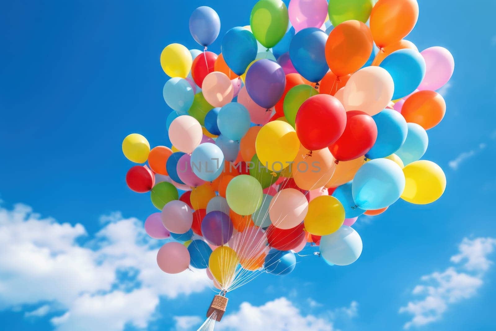 Colorful balloons floating against a clear blue sky, Generative AI.