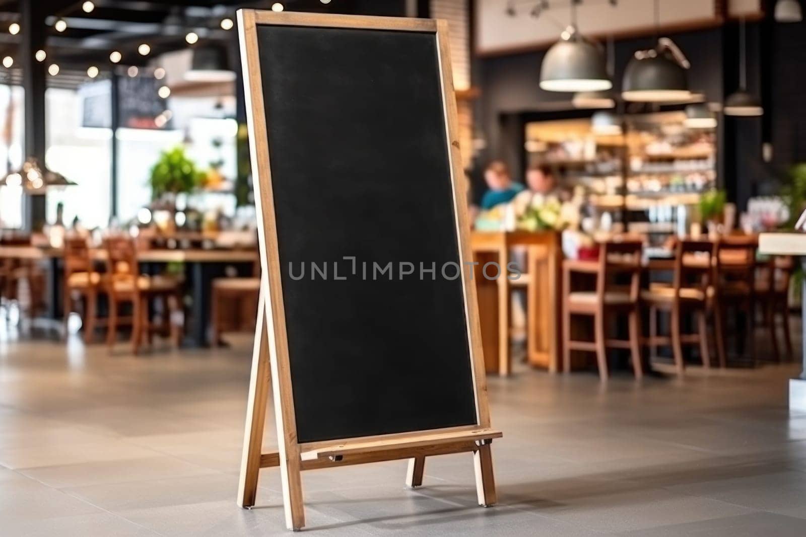 Advertising blank Blackboard, Blank restaurant shop sign or menu boards in shopping mall center, Blackboard sign mockup in front of a restaurant Signboard, Generative AI.