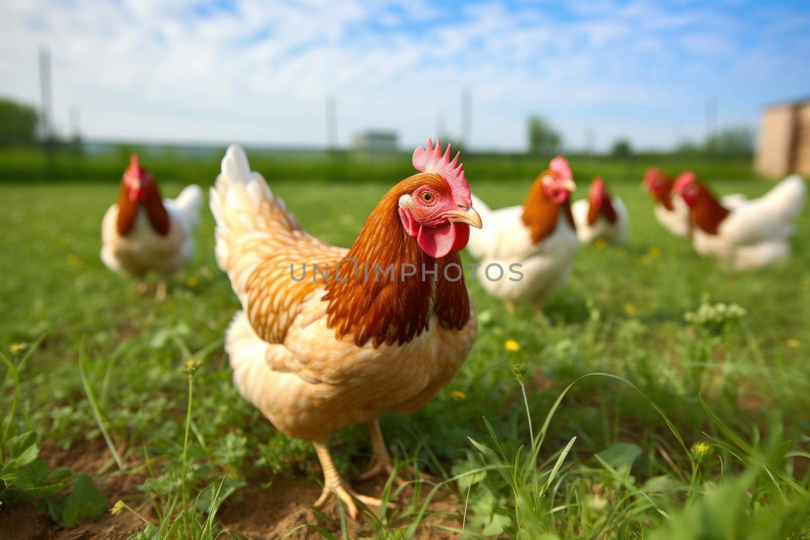 Enjoyable photo of free range chickens in the pasture.