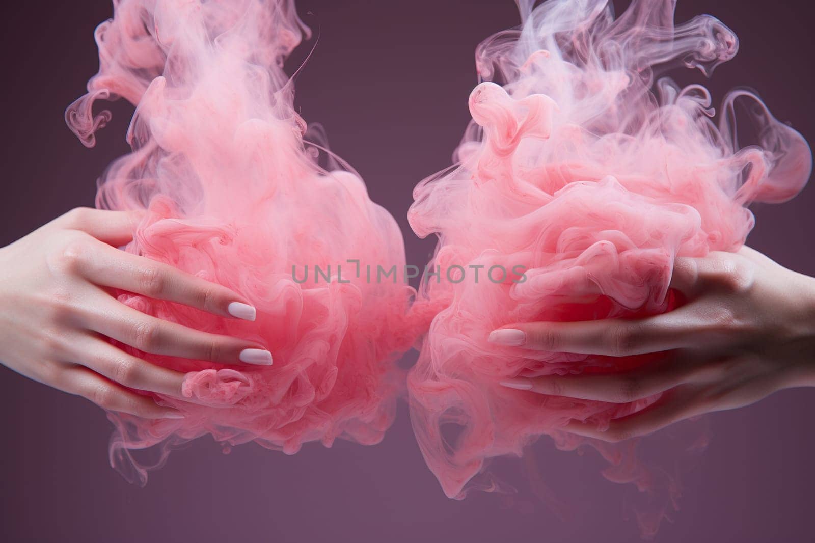 Two female hands connect in puffs of pink smoke.