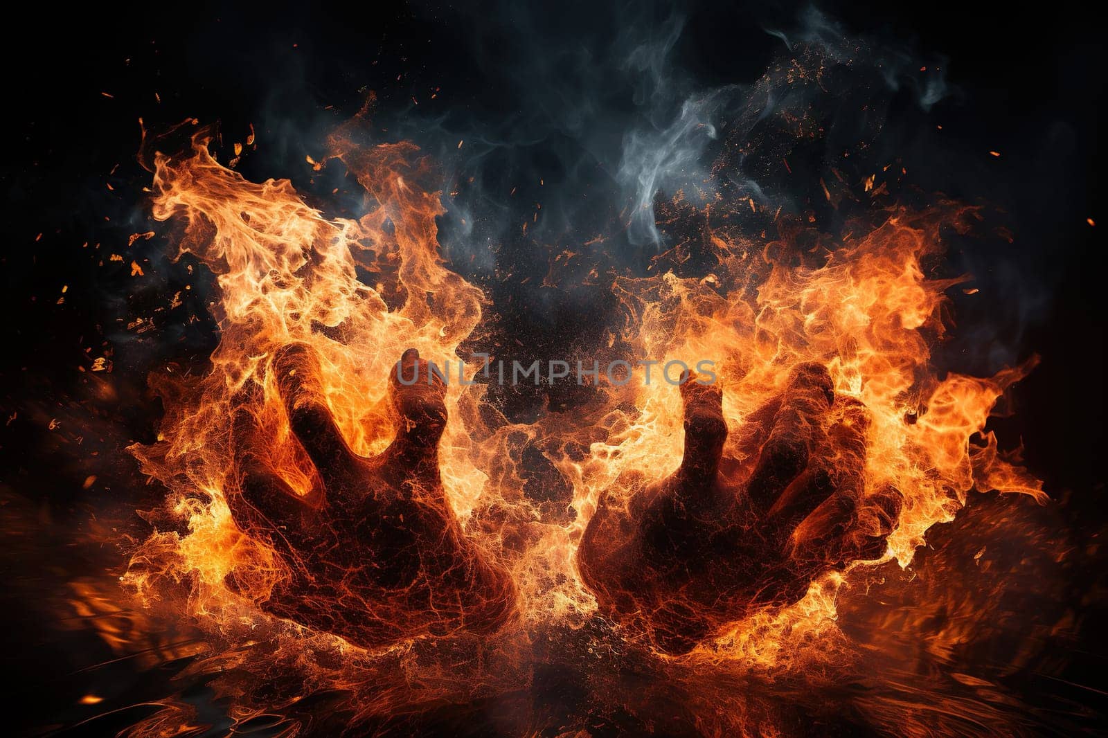 Man's hands in the flames of fire.