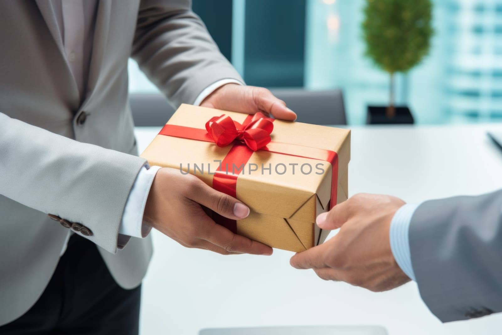 Close up view of hands Giving a business gift in an office.