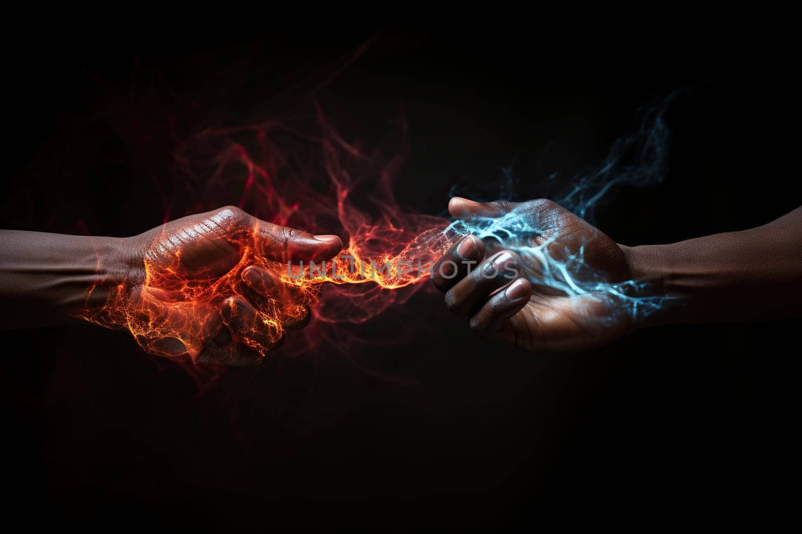 The two hands are connected by neural connections. Elements of water and fire.