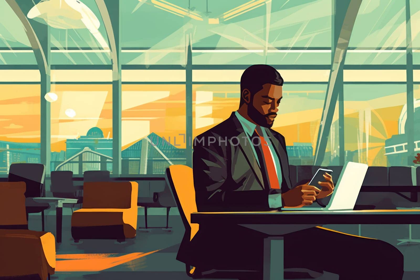Man at airport lounge and using mobile phone, Businessman working and using mobile at busy time on airport, Generative AI by nijieimu