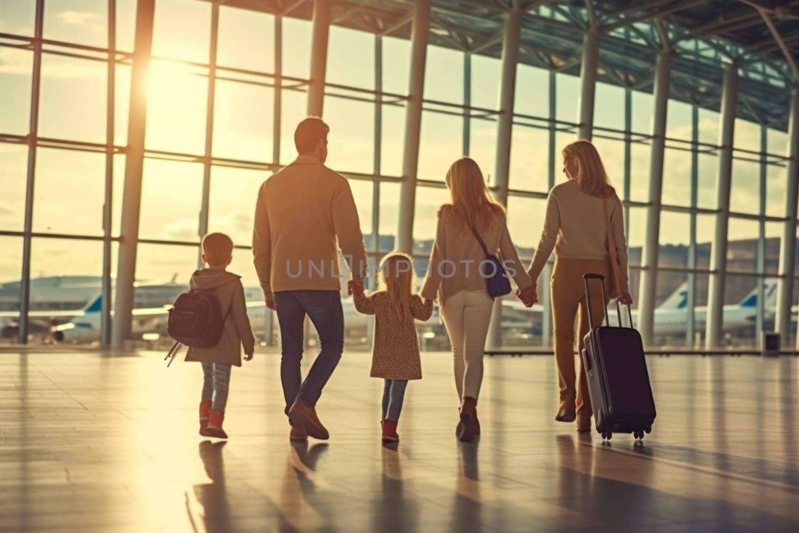 Family Trip Concept, family travel at airport,Time for family vacation, Generative AI by nijieimu