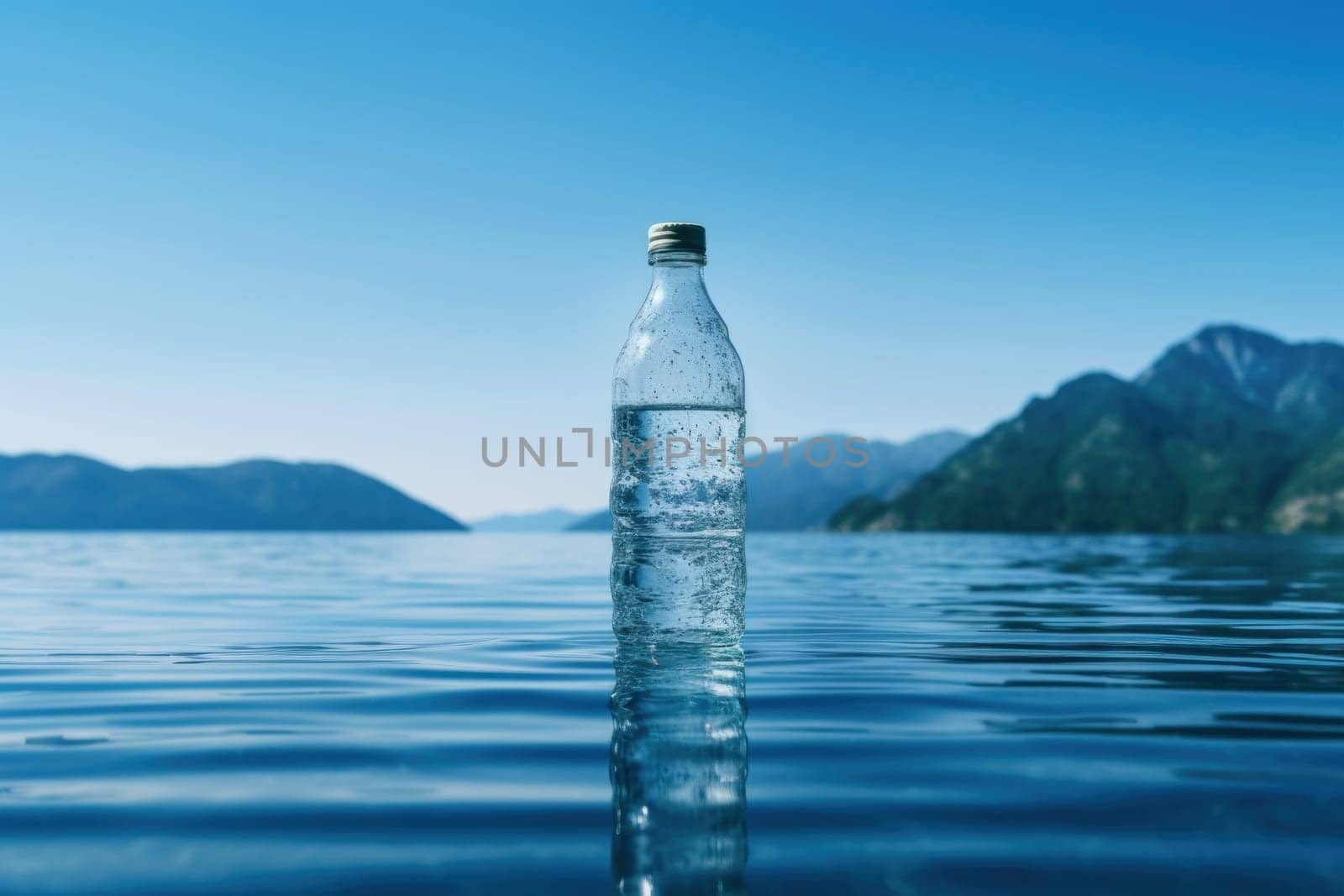 Water bottle aesthetic scenery blue background ultra realistic.