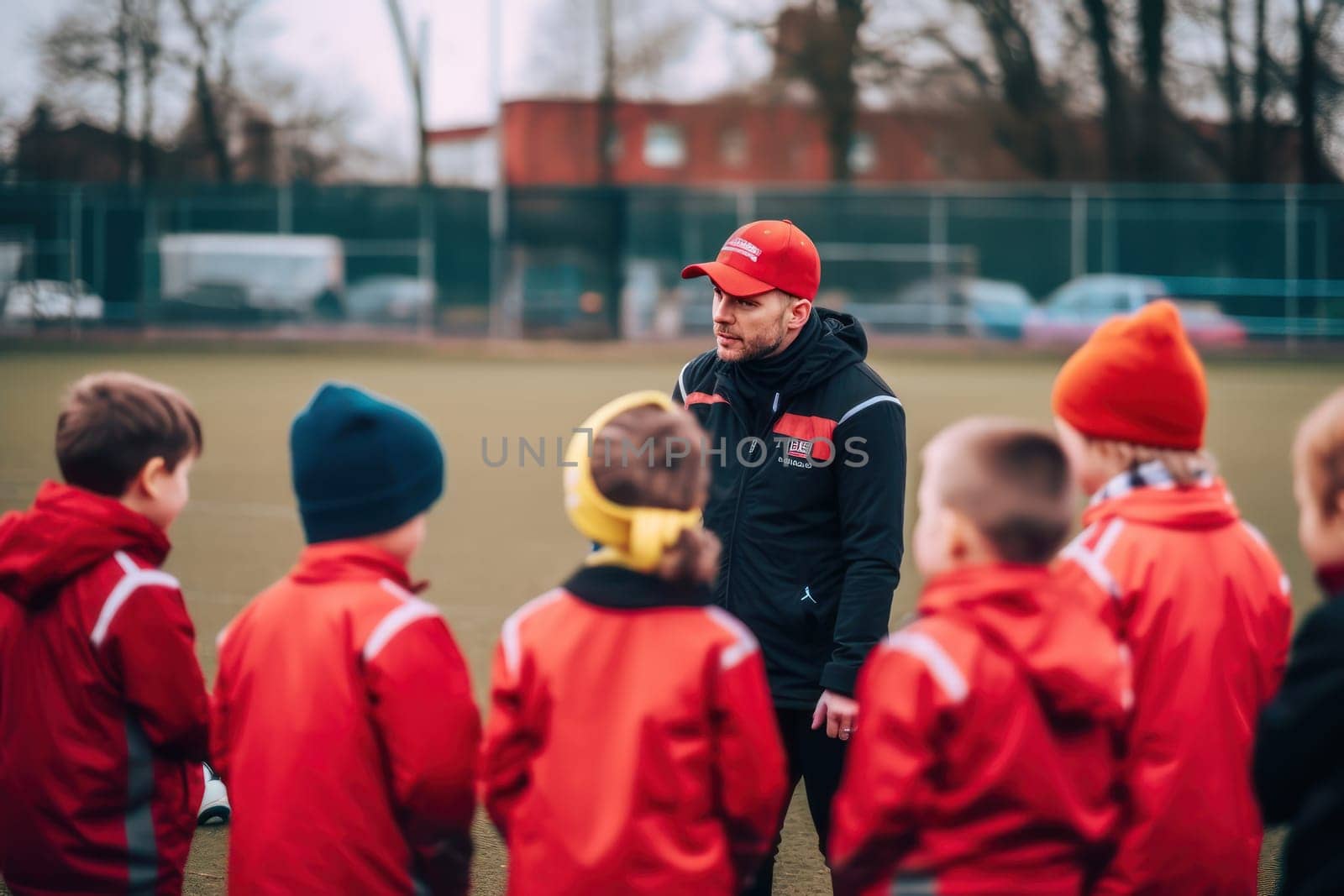 Coach explaining the game plan for kids team, Generative AI.