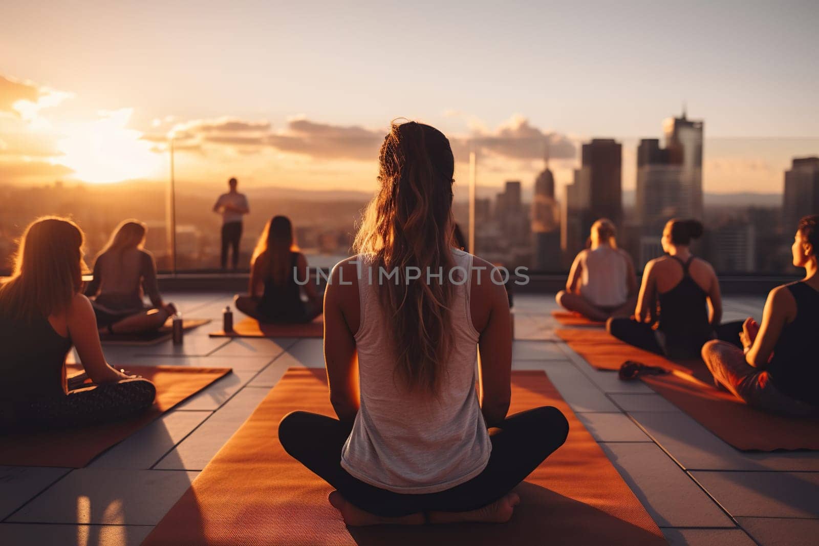 Group yoga class on the roof of a building in the sun.