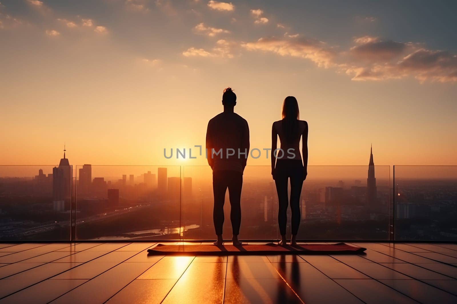 Silhouettes of a man and woman standing on the roof of a building at sunset. Couples yoga class. Generated by artificial intelligence by Vovmar