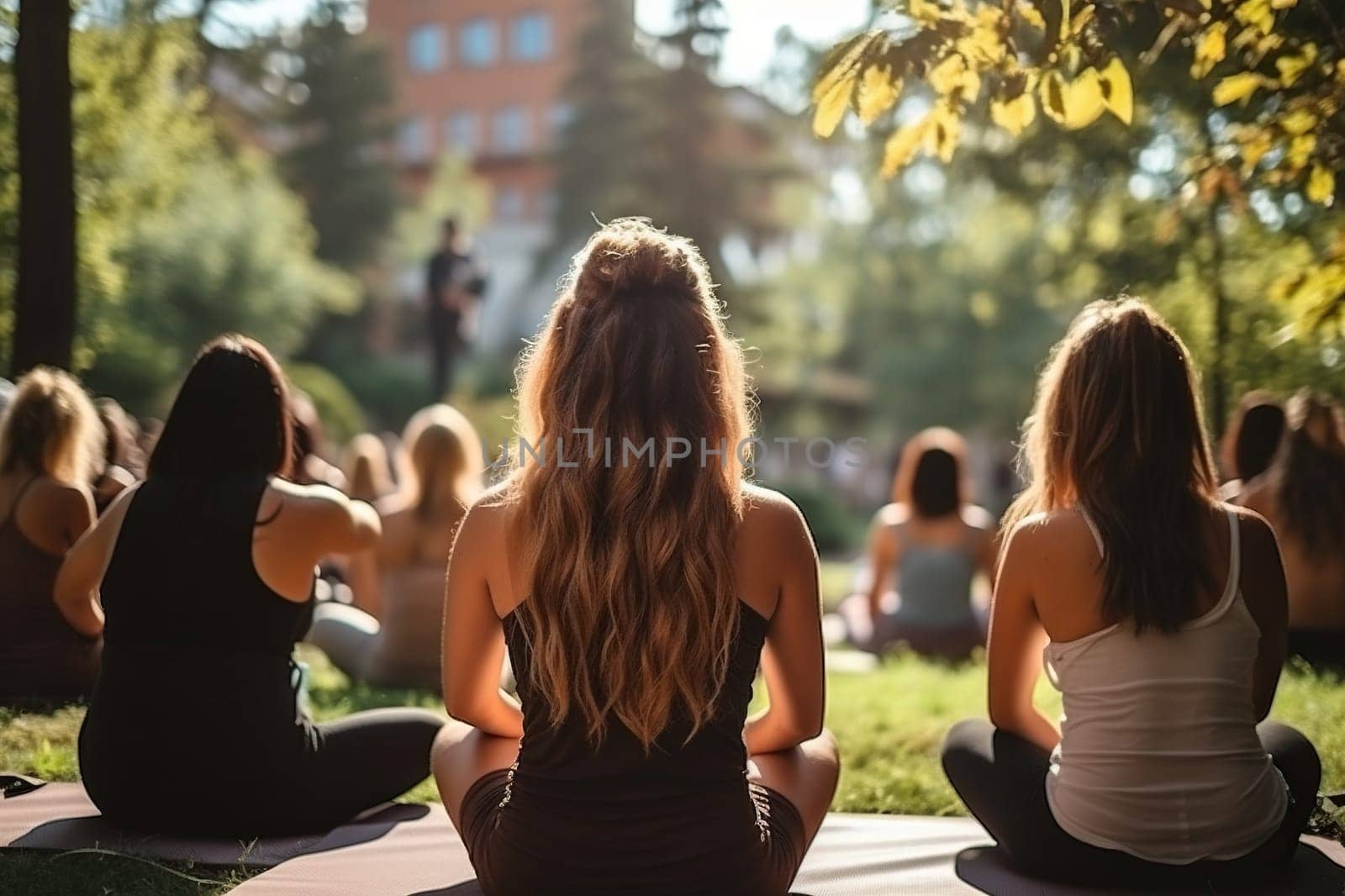 Rear view of women doing yoga in a park on the grass.