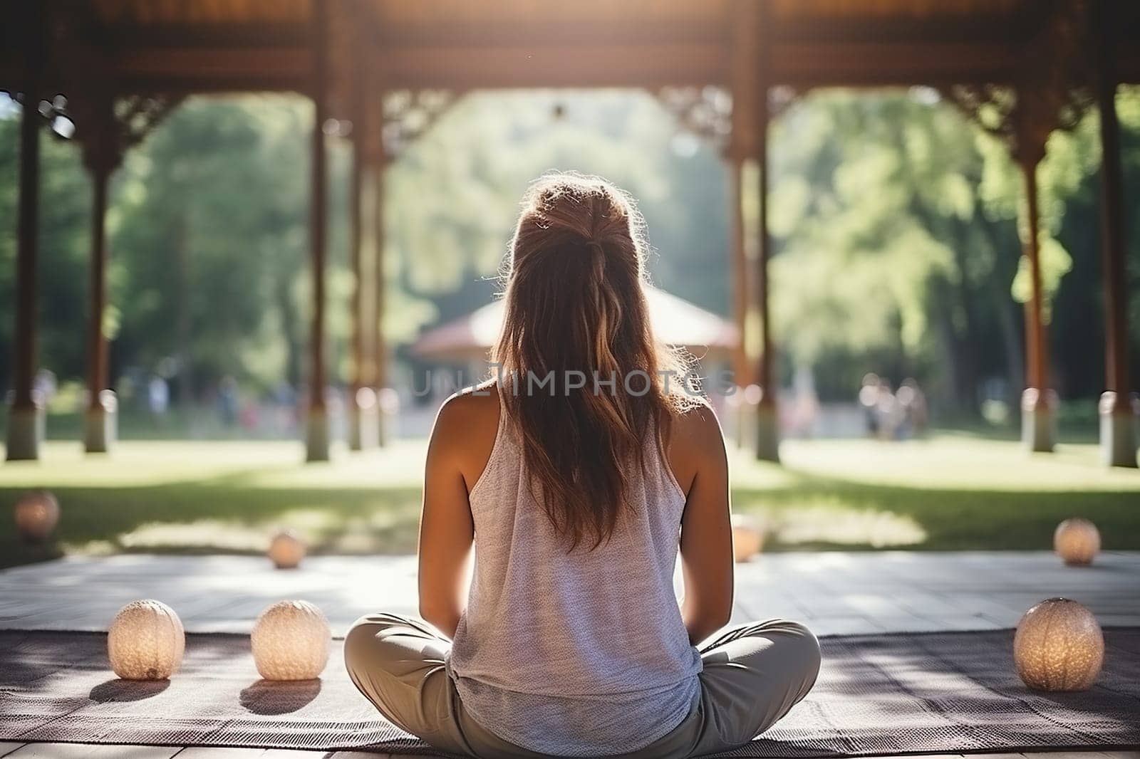 Rear view of a woman sitting in the lotus position in the park.