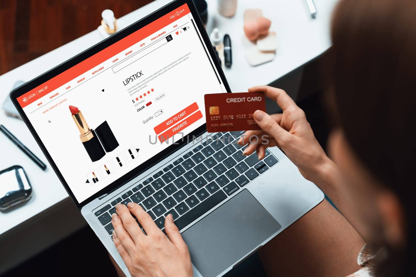 Woman shopping online on internet marketplace browsing for sale items for modern lifestyle and use credit card for online payment from wallet protected by utmost cyber security software