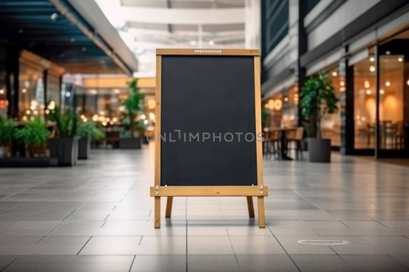 Advertising blank Blackboard, Blank restaurant shop sign or menu boards in shopping mall center, Blackboard sign mockup in front of a restaurant Signboard, Generative AI.