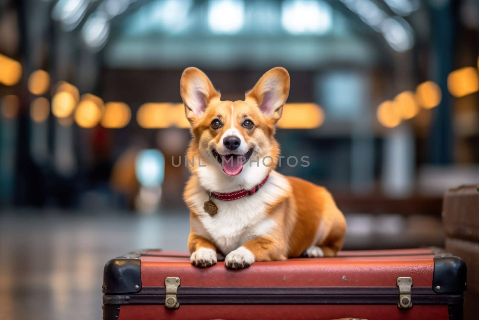 Car trunk with cute Dog and luggage Dog Travel concept Generative AI.