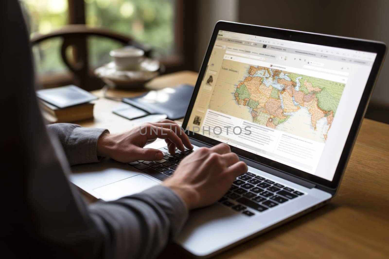 Tourist planning vacation use laptop for search and check hotel and travel accessories on table.