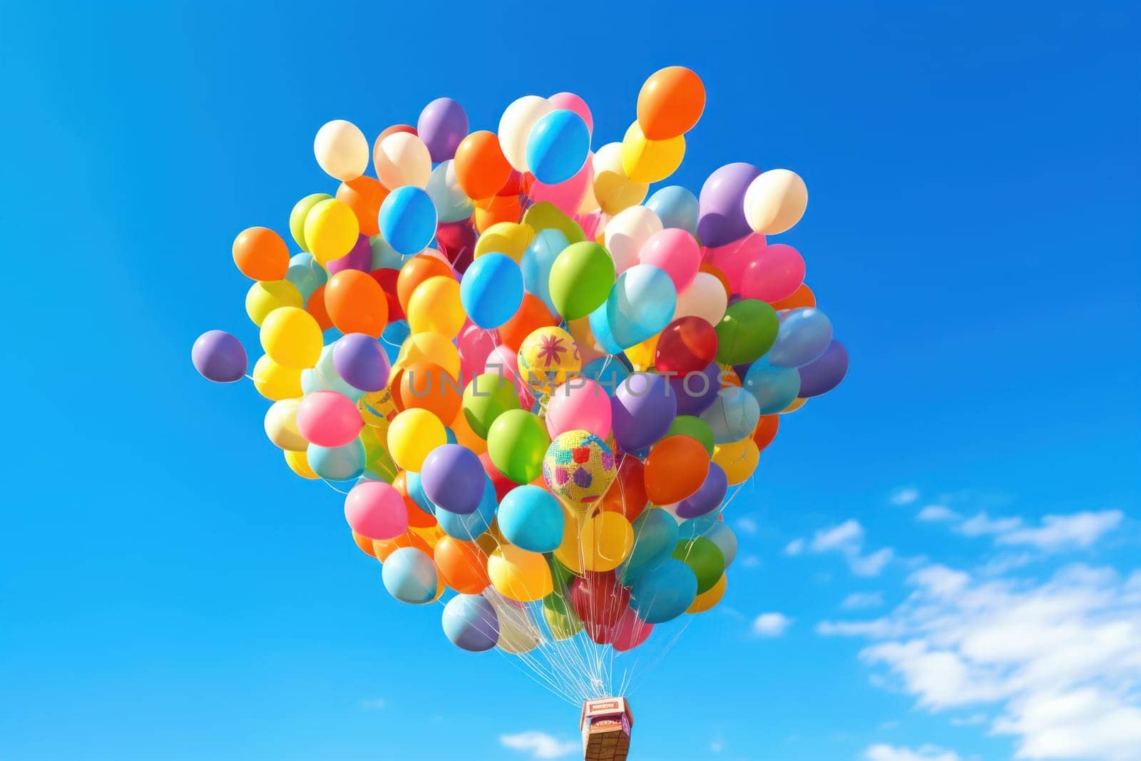 Colorful balloons floating against a clear blue sky, Generative AI.