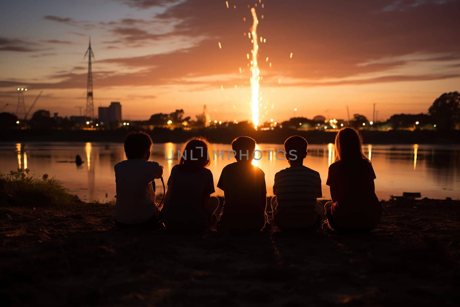 Children sit by the water and look at the sparks in the sky.