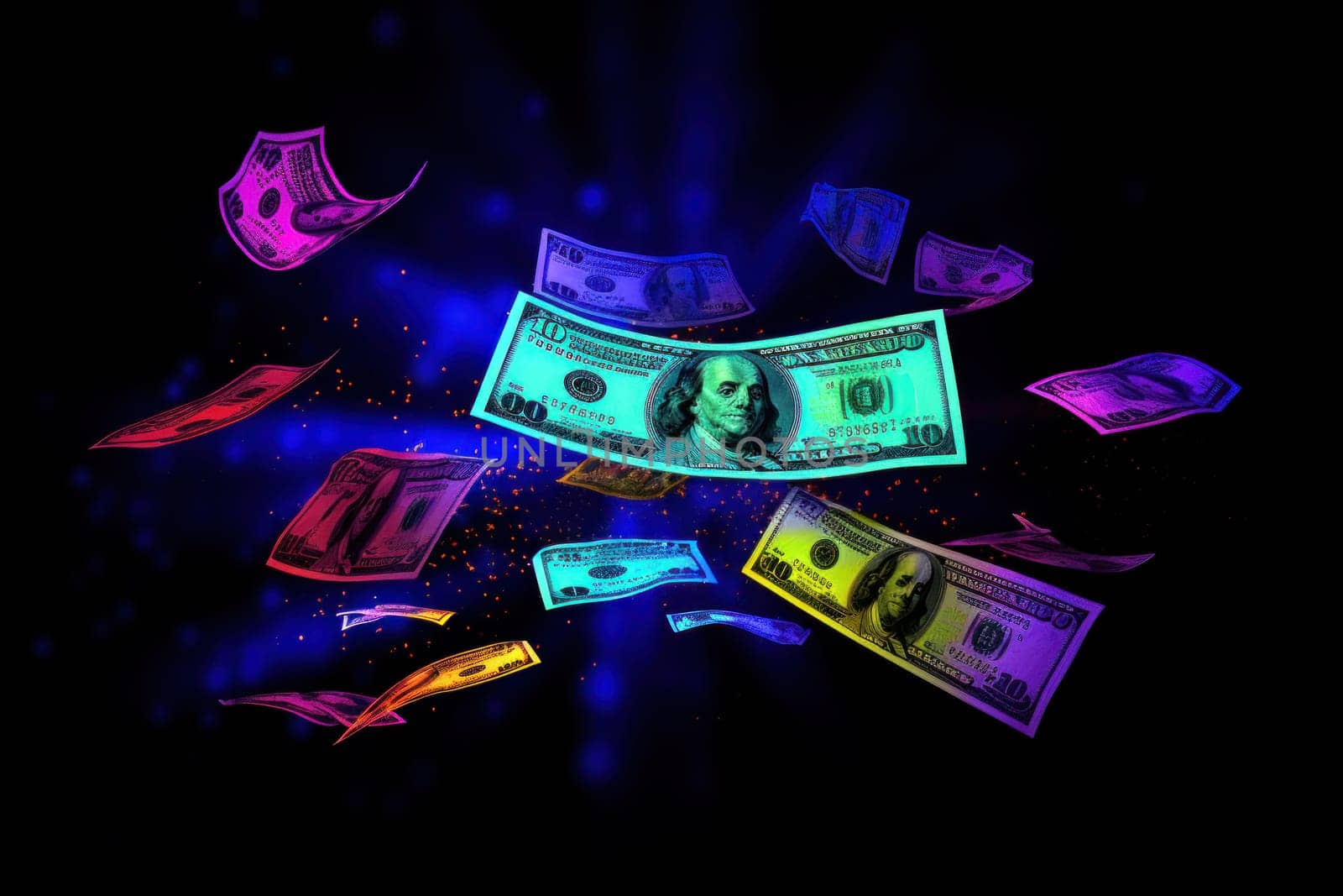 dollar bills falling with Neon colorful background.
