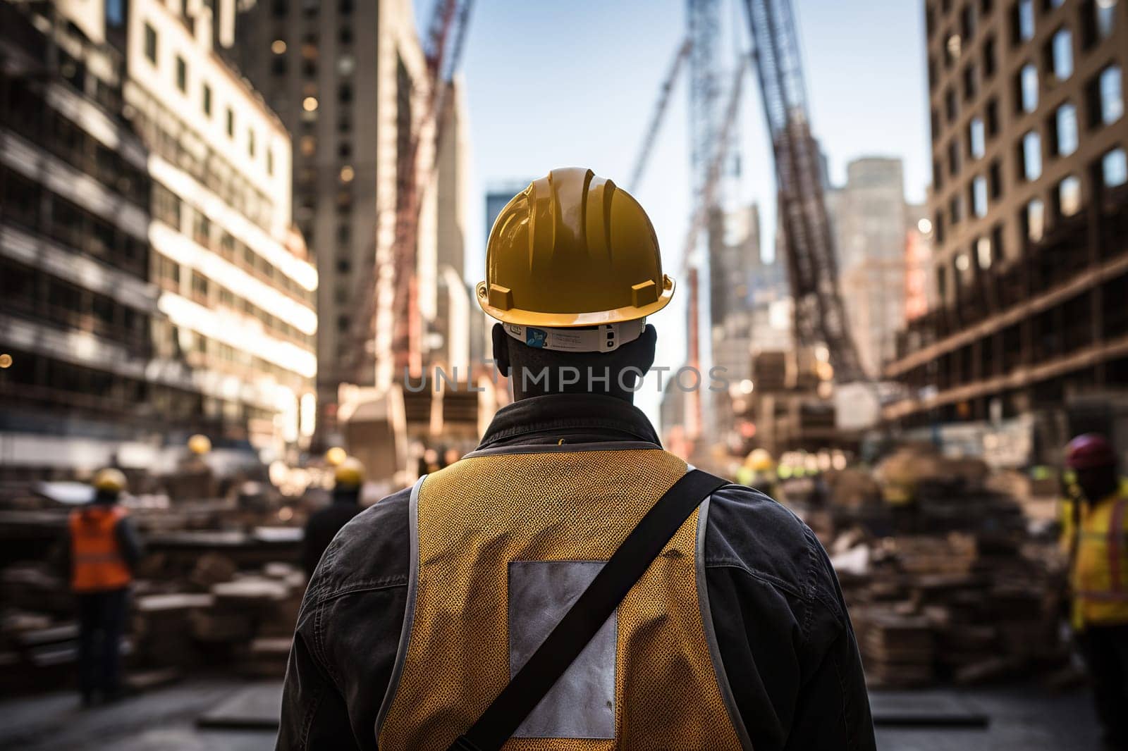 A dark-skinned construction worker in overalls looks at the construction site. Rear view.