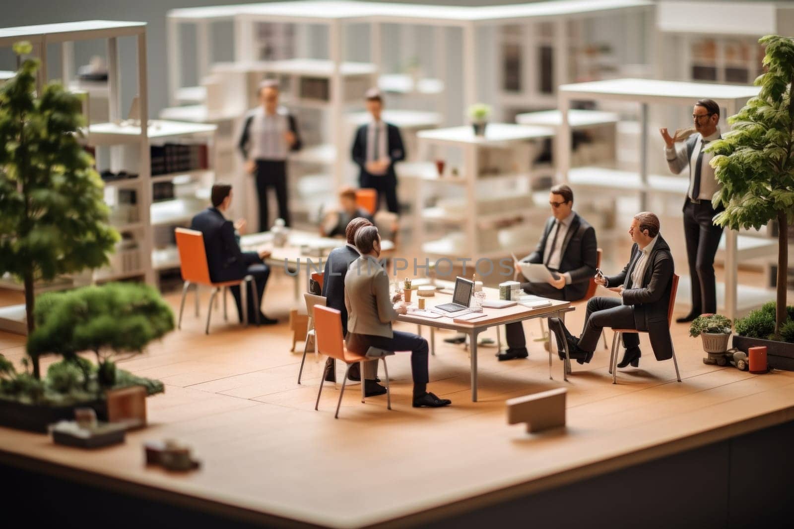 Miniature model a europe group of employees are sitting in a meeting.