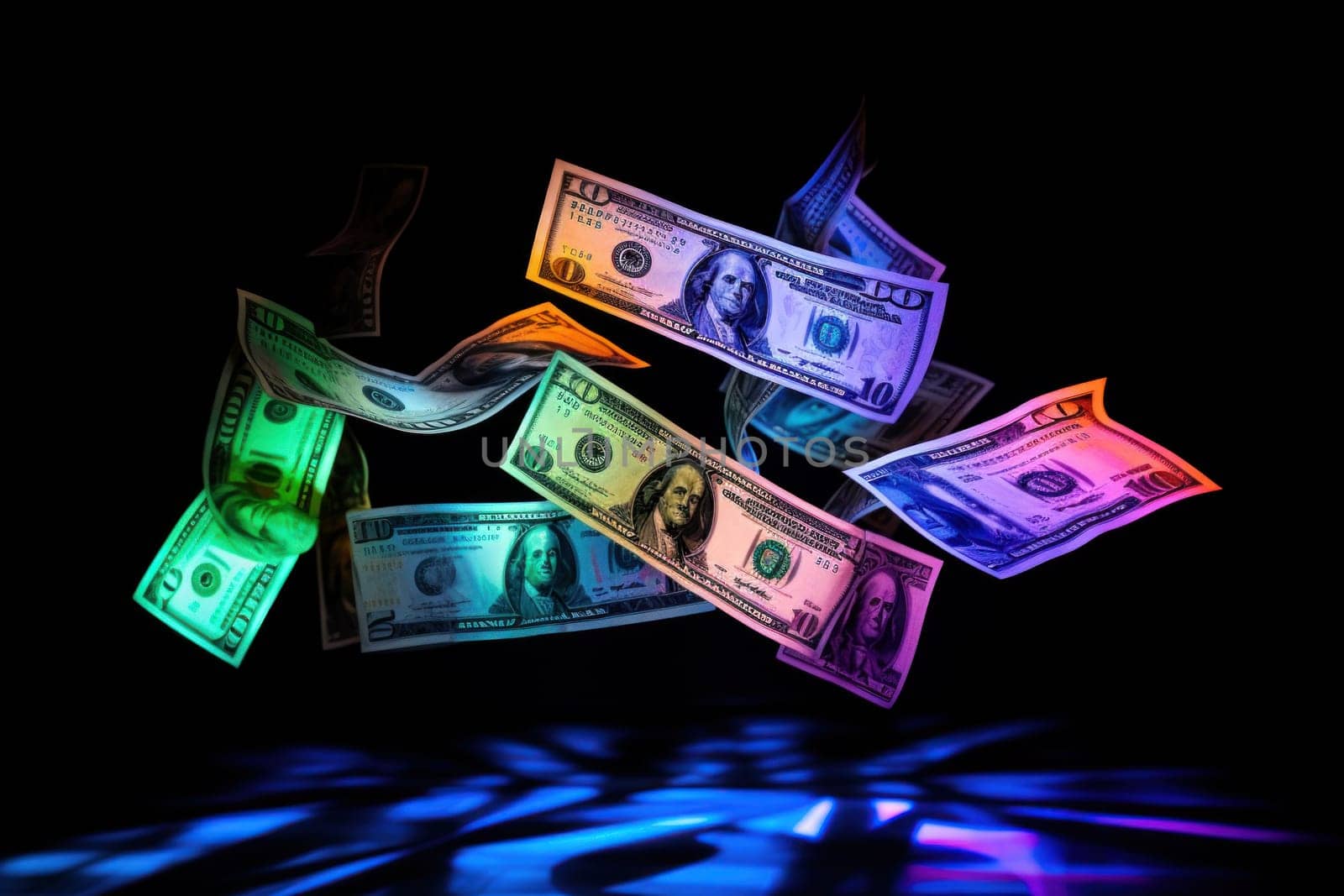 dollar bills falling with Neon colorful background.