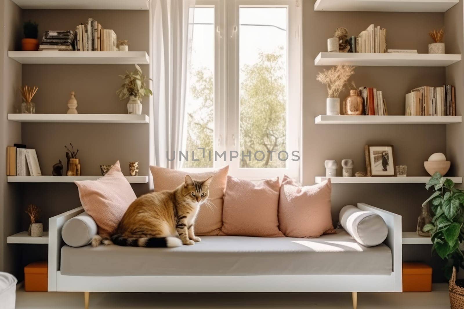 Modern living room interior Cute cat near couch Generative AI.