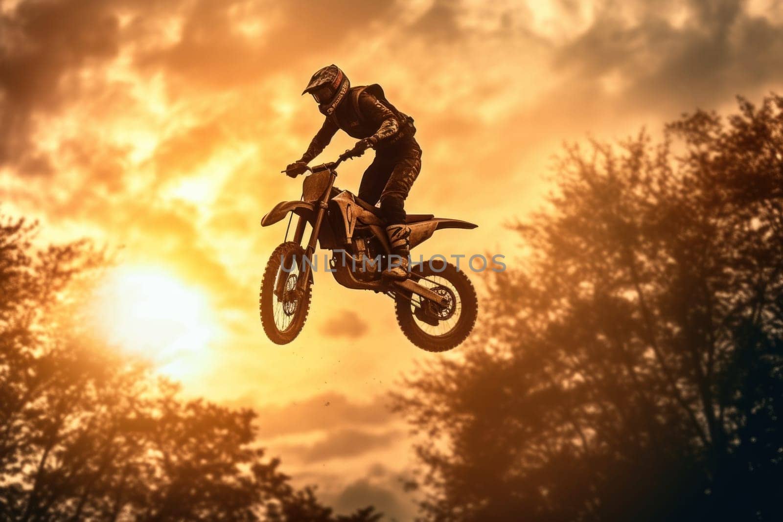 Photo of motocross jump silhouette with natural background.