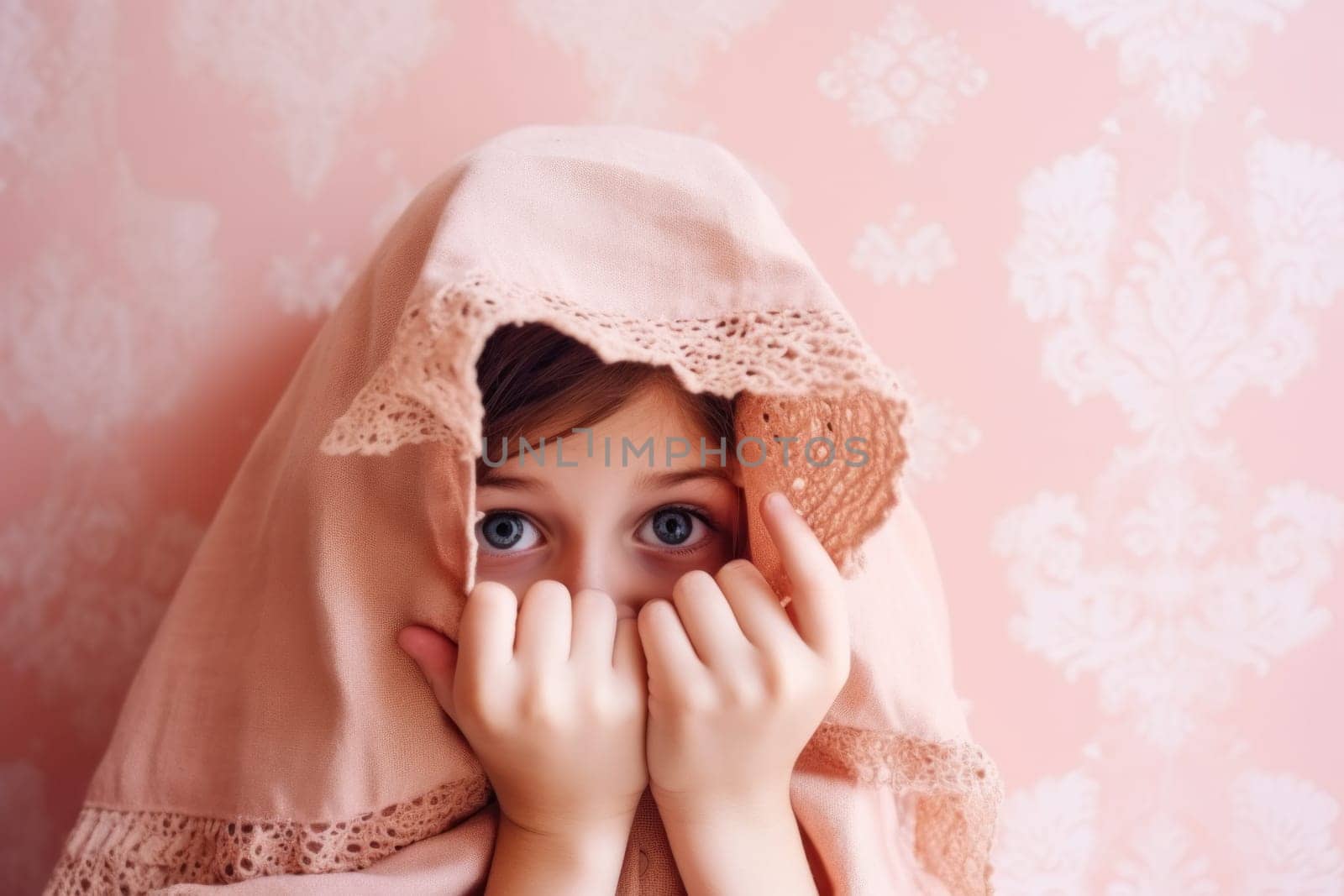 Portrait Little scared or crying or playing bo-peep girl hiding face.