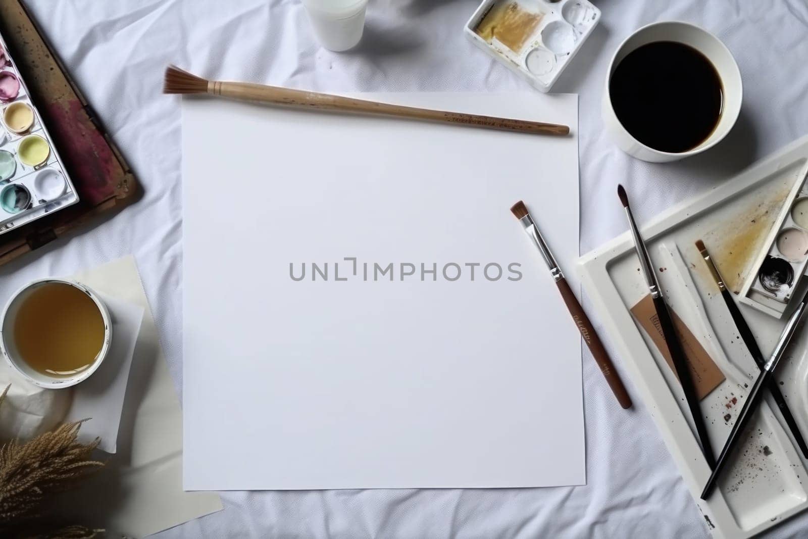 A white sheet of paper on a table with art supplies, top view, Generative AI.