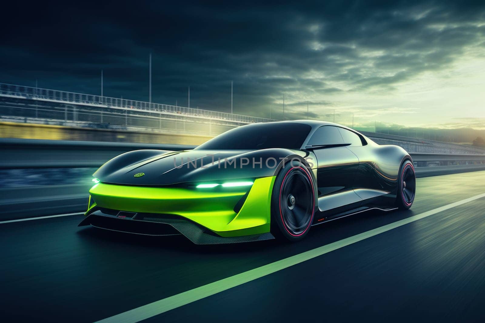 Showcase the futuristic power of a light green and black electric car speeding down a sleek highway.