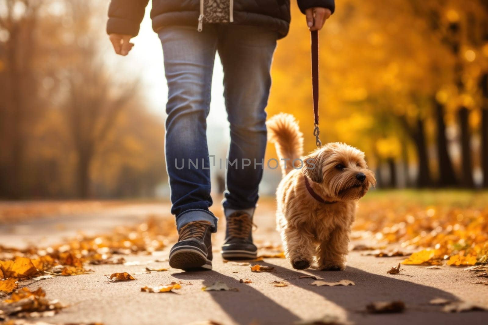 image of a person walking a pet dog in a city park on a sunny autumn day by nijieimu