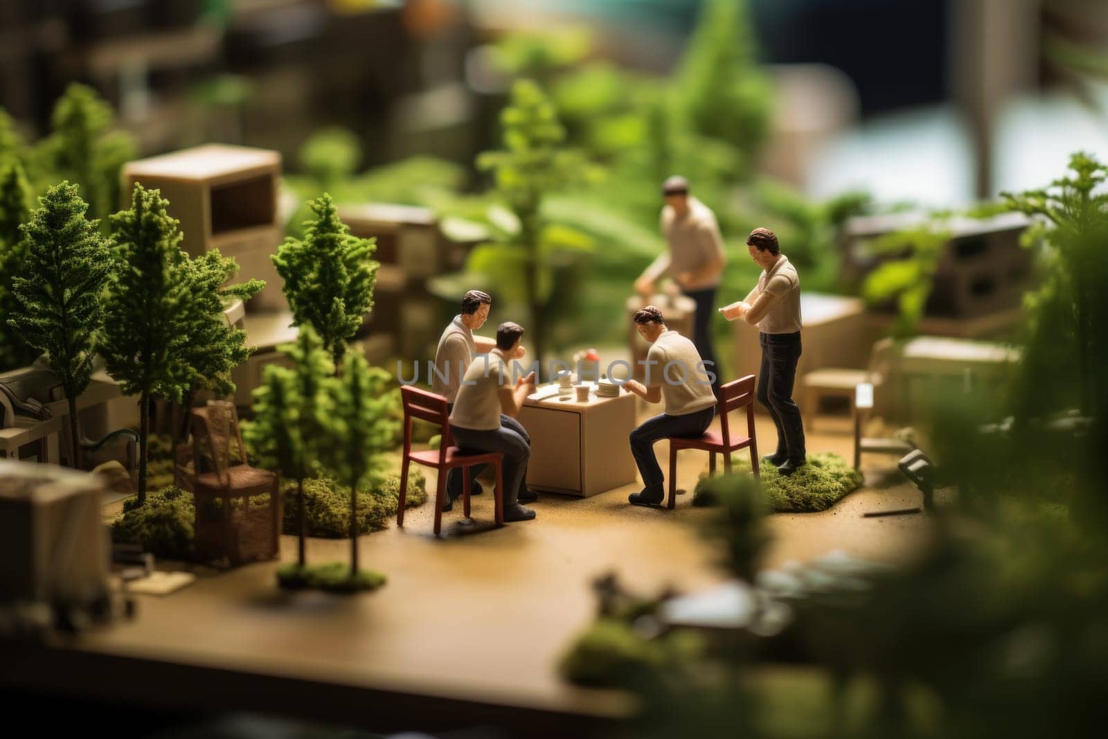 Miniature model a europe group of employees are sitting in a meeting.