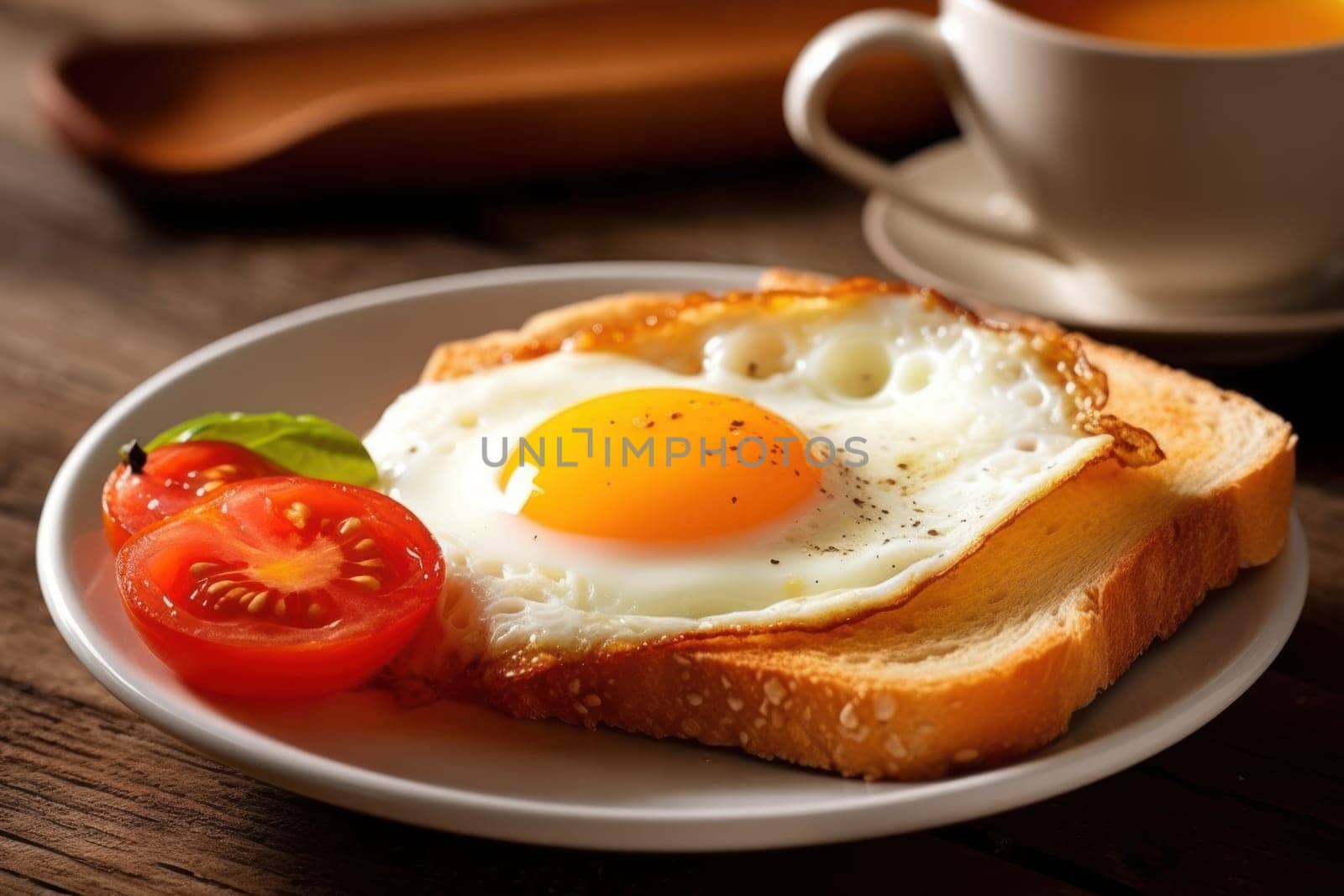 Breakfast with delicious fried eggs garnished with sliced tomato Generative AI.