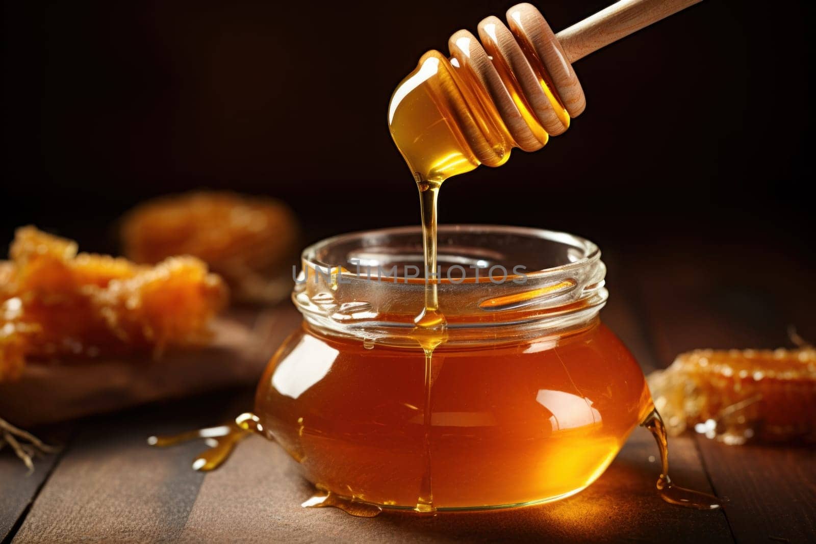 Honey, Close up product of honey and bee.