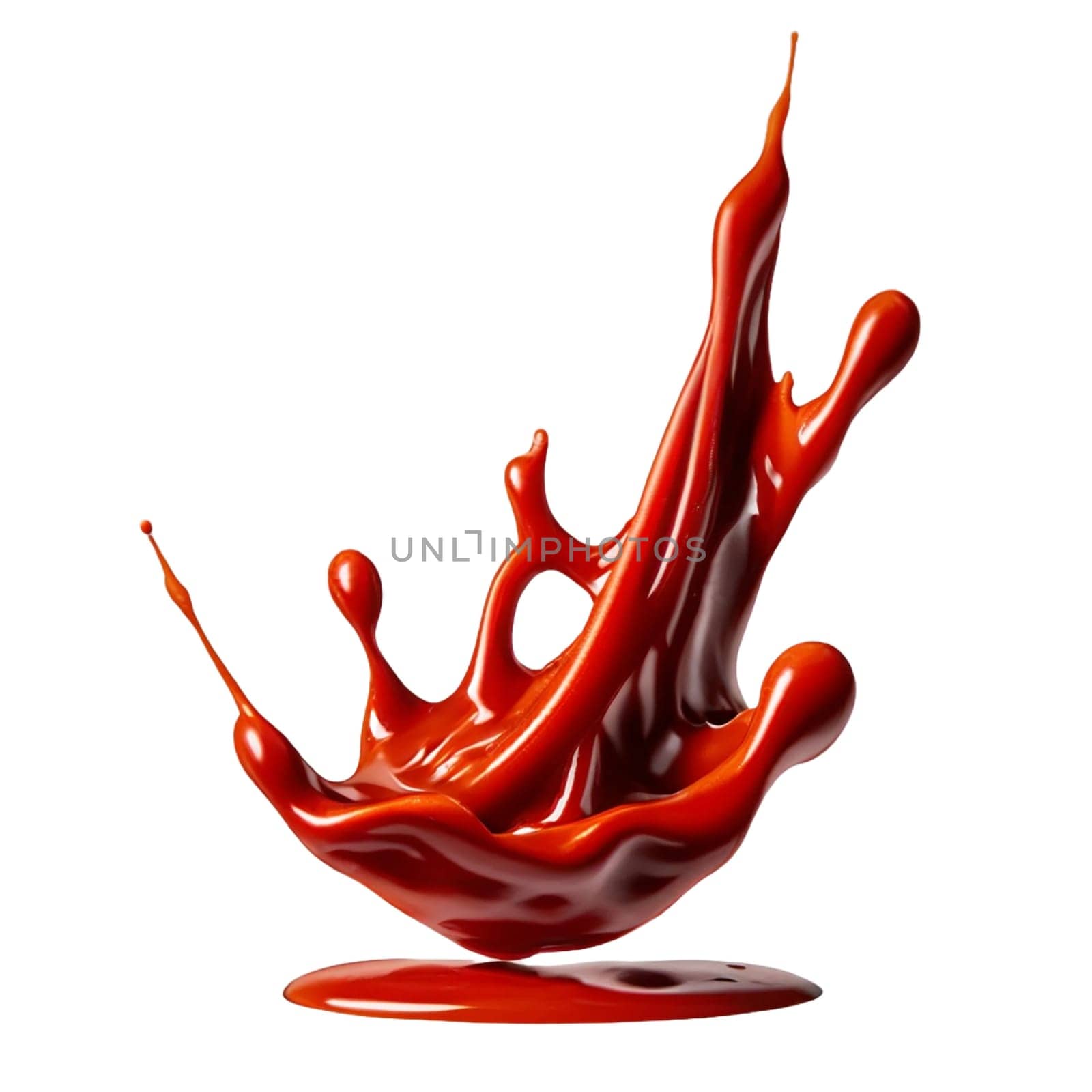 A splash of red thick liquid. 3d illustration, 3d rendering. png image. Red ketchup splashes isolated on white background, tomato pure texture. by Costin