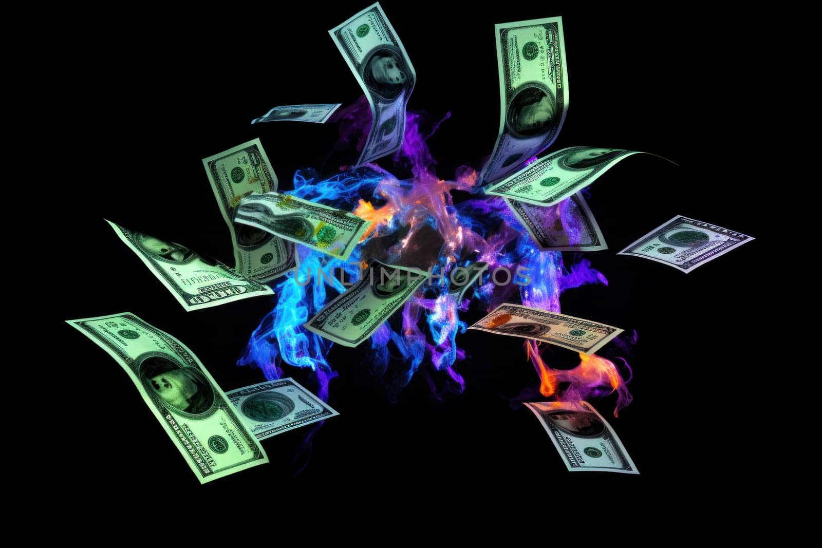 dollar bills falling with Neon colorful background.