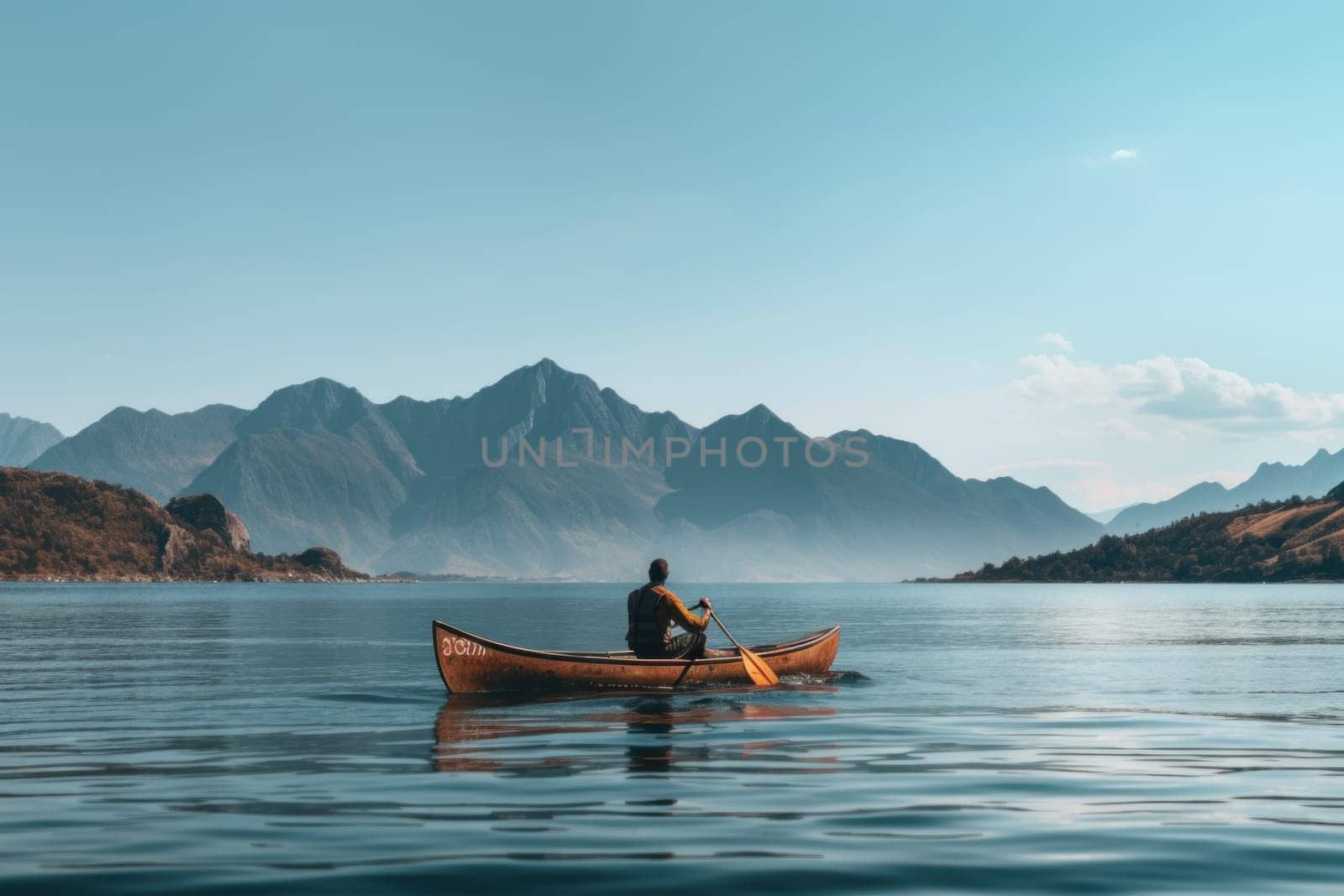 Canoe in the middle of the lake, mountains and clear sky background.
