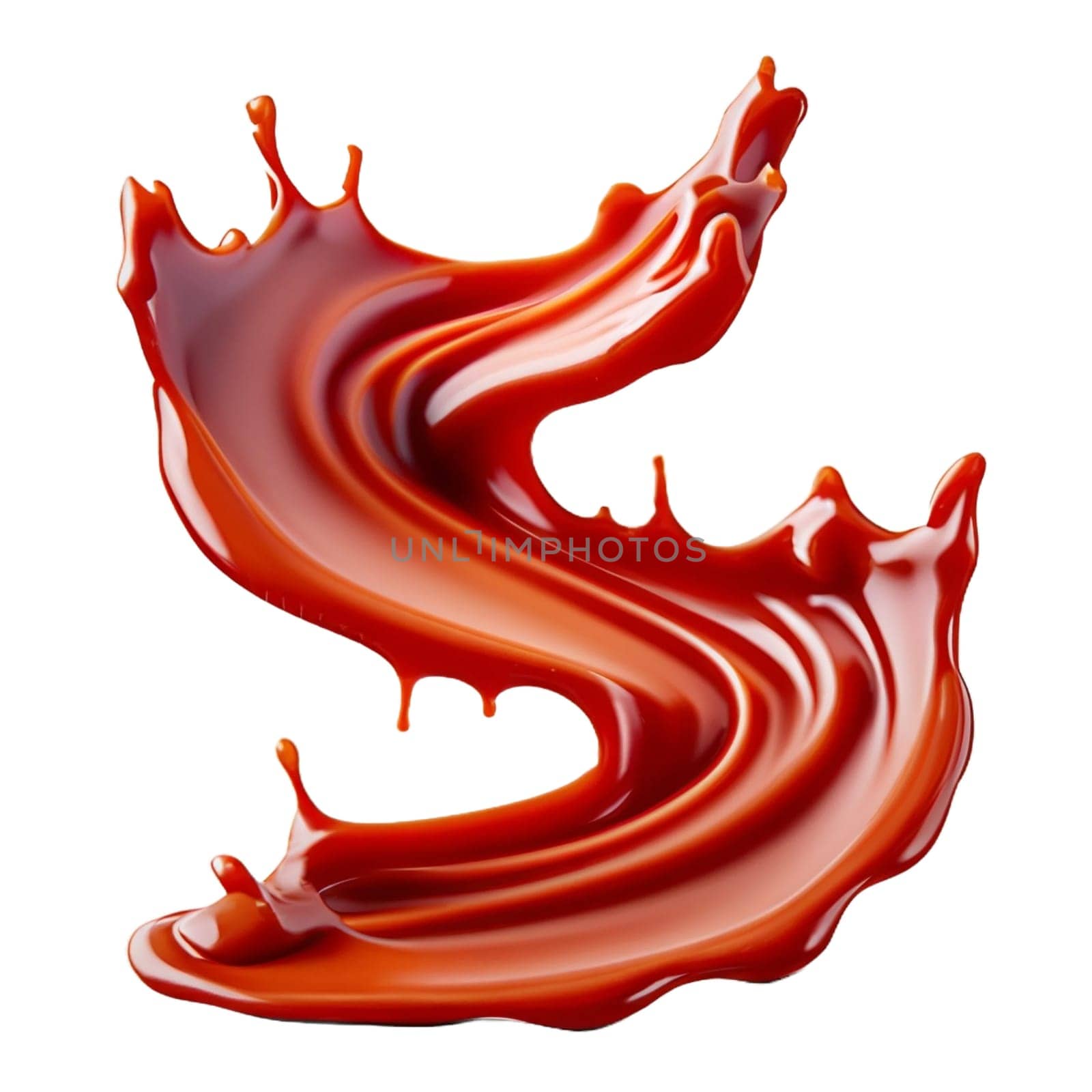 A splash of red thick liquid. 3d illustration, 3d rendering. png image. Red ketchup splashes isolated on white background, tomato pure texture. High quality image