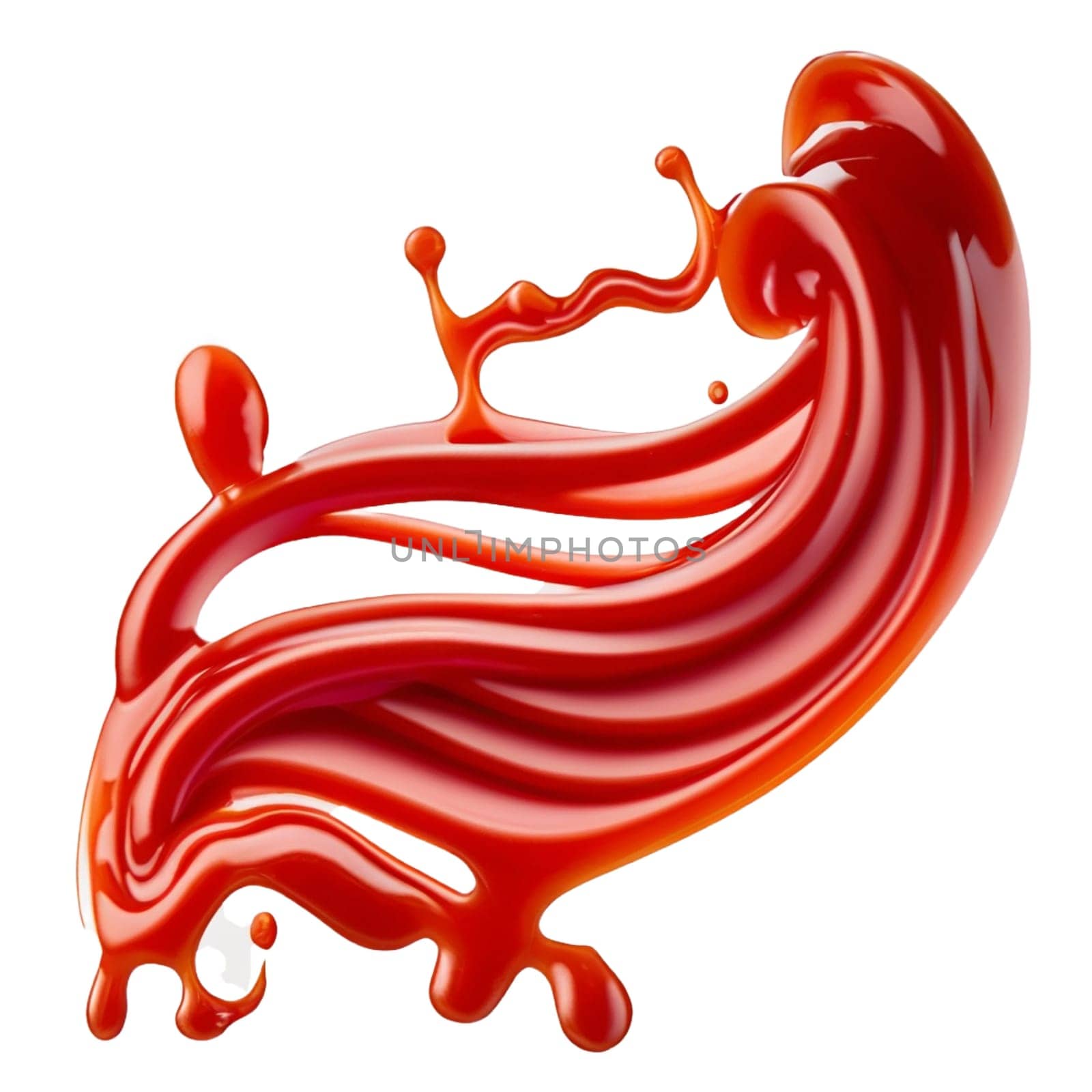 A splash of red thick liquid. 3d illustration, 3d rendering. png image. Red ketchup splashes isolated on white background, tomato pure texture. by Costin