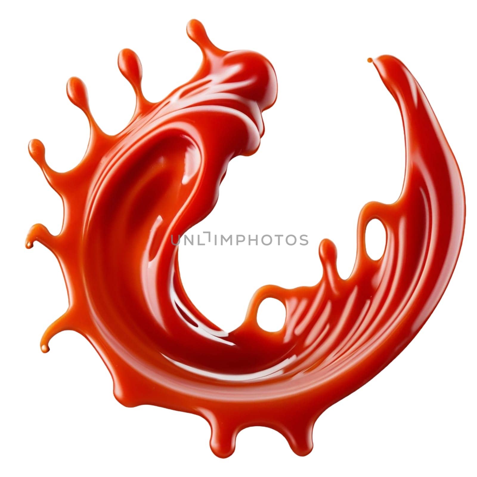 A splash of red thick liquid. 3d illustration, 3d rendering. png image. Red ketchup splashes isolated on white background, tomato pure texture. High quality image